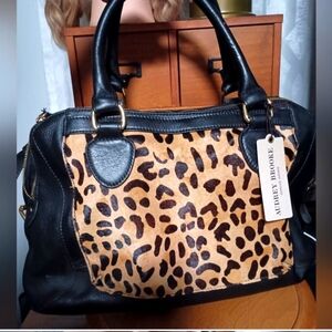 Audrey Brooke Leopard Print Leather Satchel in Black and Tan